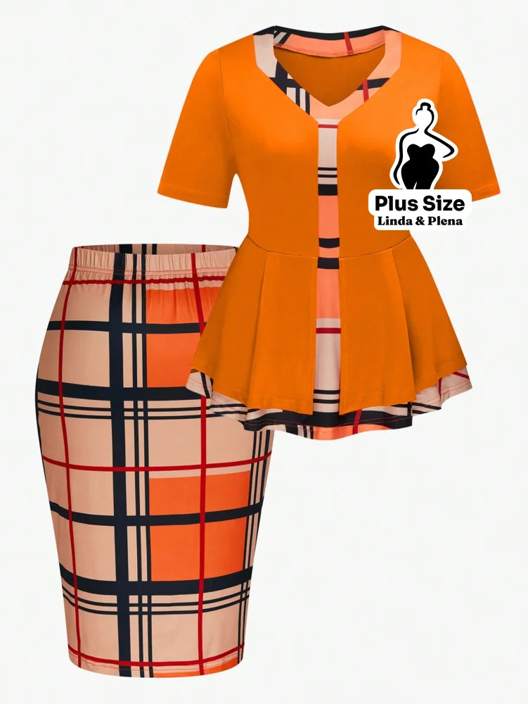 Conjunto com Blusa Peplum e Saia Justa Estampada Plus Size Laranja / G Conjunto com Blusa Peplum e Saia Justa Estampada