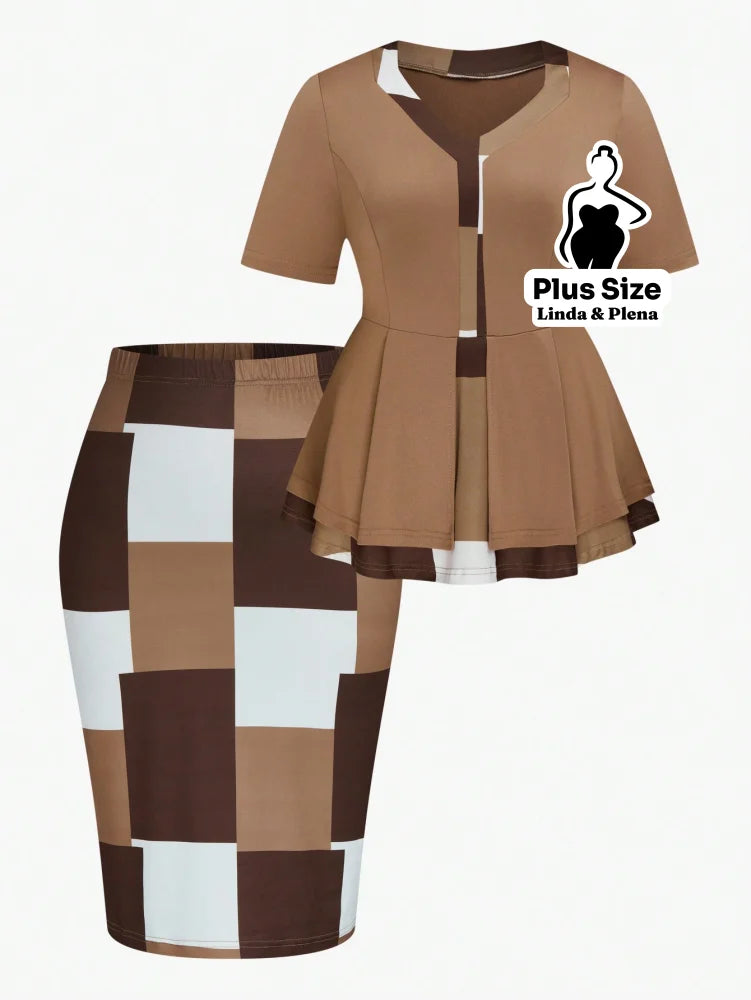 Conjunto com Blusa Peplum e Saia Justa Estampada Plus Size Nude / G Conjunto com Blusa Peplum e Saia Justa Estampada