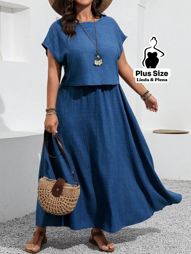 Conjunto com Blusa Solta e Saia Longa Fluída Plus Size Azul / G Conjunto com Blusa Solta e Saia Longa Fluída Plus Size