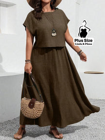 Conjunto com Blusa Solta e Saia Longa Fluída Plus Size Castanho / G Conjunto com Blusa Solta e Saia Longa Fluída Plus