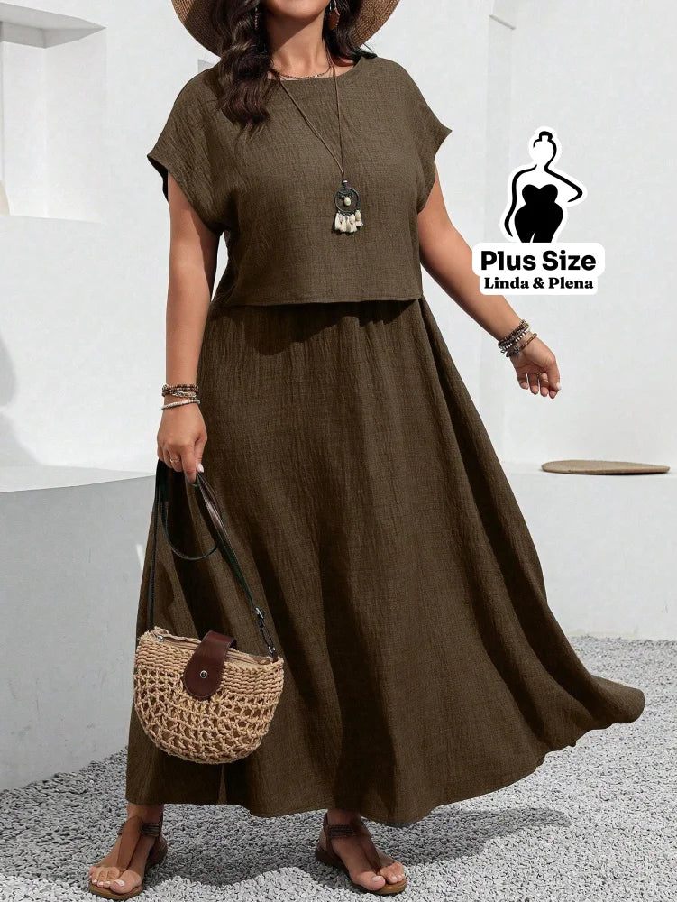 Conjunto com Blusa Solta e Saia Longa Fluída Plus Size Castanho / G Conjunto com Blusa Solta e Saia Longa Fluída Plus