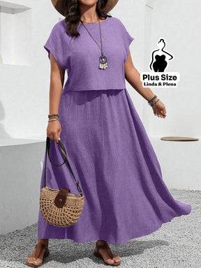 Conjunto com Blusa Solta e Saia Longa Fluída Plus Size Roxo / G Conjunto com Blusa Solta e Saia Longa Fluída Plus Size