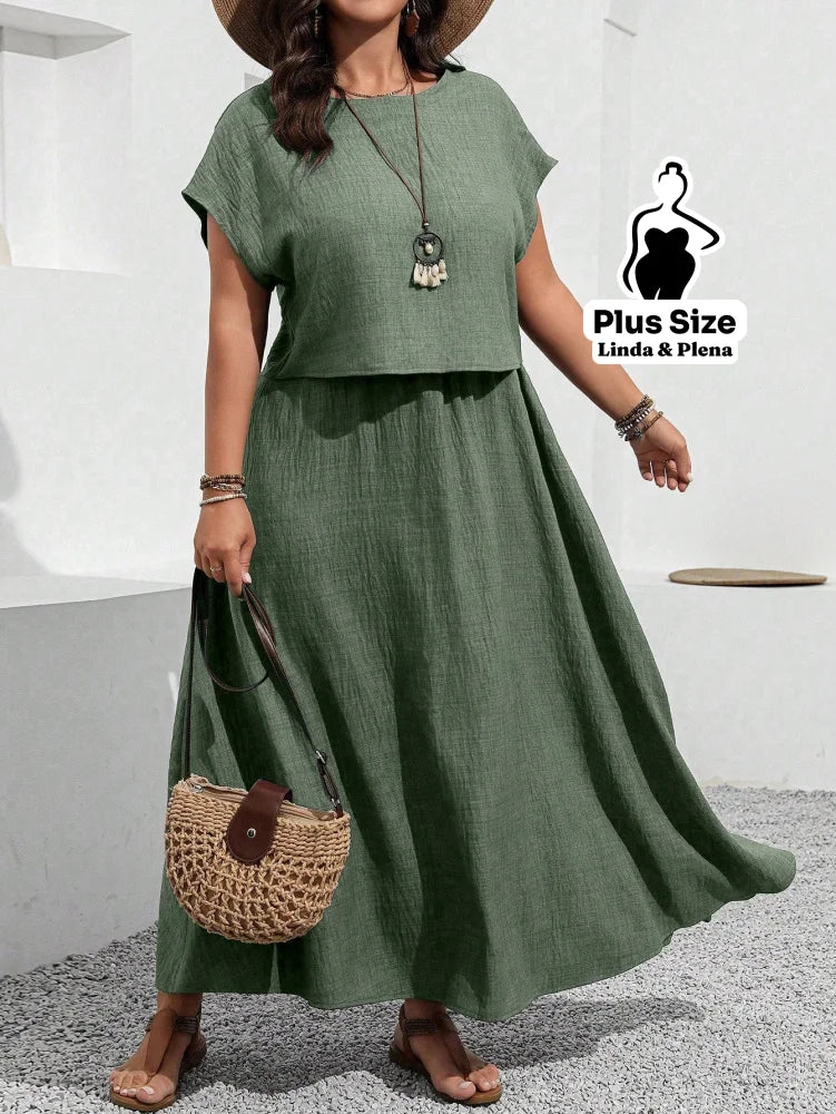 Conjunto com Blusa Solta e Saia Longa Fluída Plus Size Verde Militar / G Conjunto com Blusa Solta e Saia Longa Fluída