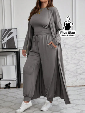 Conjunto Com Casaco Longo E Calça Comfy Plus Size Conjunto Com Casaco Longo E Calça Comfy Plus Size