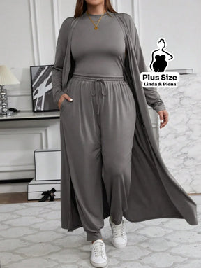 Conjunto Com Casaco Longo E Calça Comfy Plus Size Cinza / G Conjunto Com Casaco Longo E Calça Comfy Plus Size