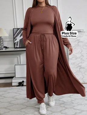 Conjunto Com Casaco Longo E Calça Comfy Plus Size Marrom Claro / G Conjunto Com Casaco Longo E Calça Comfy Plus Size