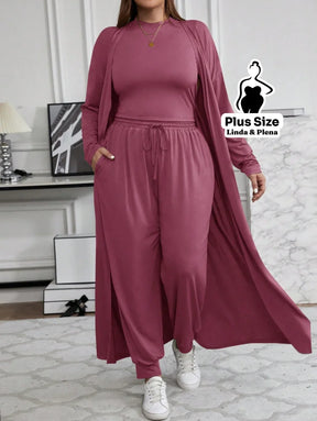Conjunto Com Casaco Longo E Calça Comfy Plus Size Rosa Empoeirado / G Conjunto Com Casaco Longo E Calça Comfy Plus Size