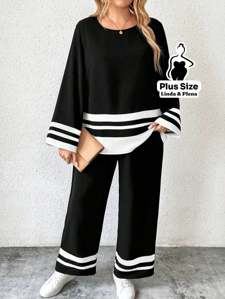 Conjunto com Detalhes em Faixa Plus Size Preto e Branco / G Conjunto com Detalhes em Faixa Plus Size