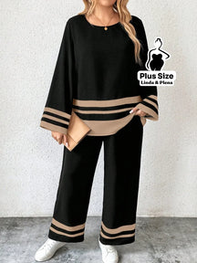 Conjunto com Detalhes em Faixa Plus Size Preto e Caqui / G Conjunto com Detalhes em Faixa Plus Size