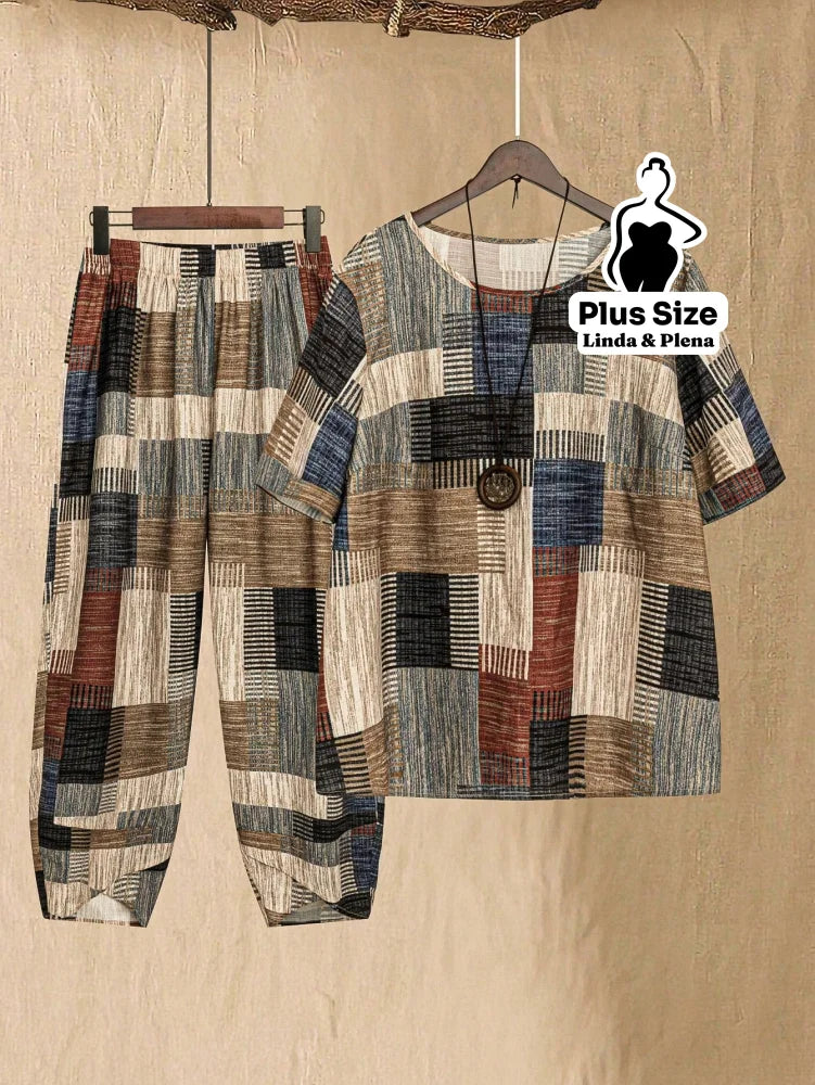 Conjunto com Estampa Étnica e Calça Jogger Plus Size Bege / G Conjunto com Estampa Étnica e Calça Jogger Plus Size