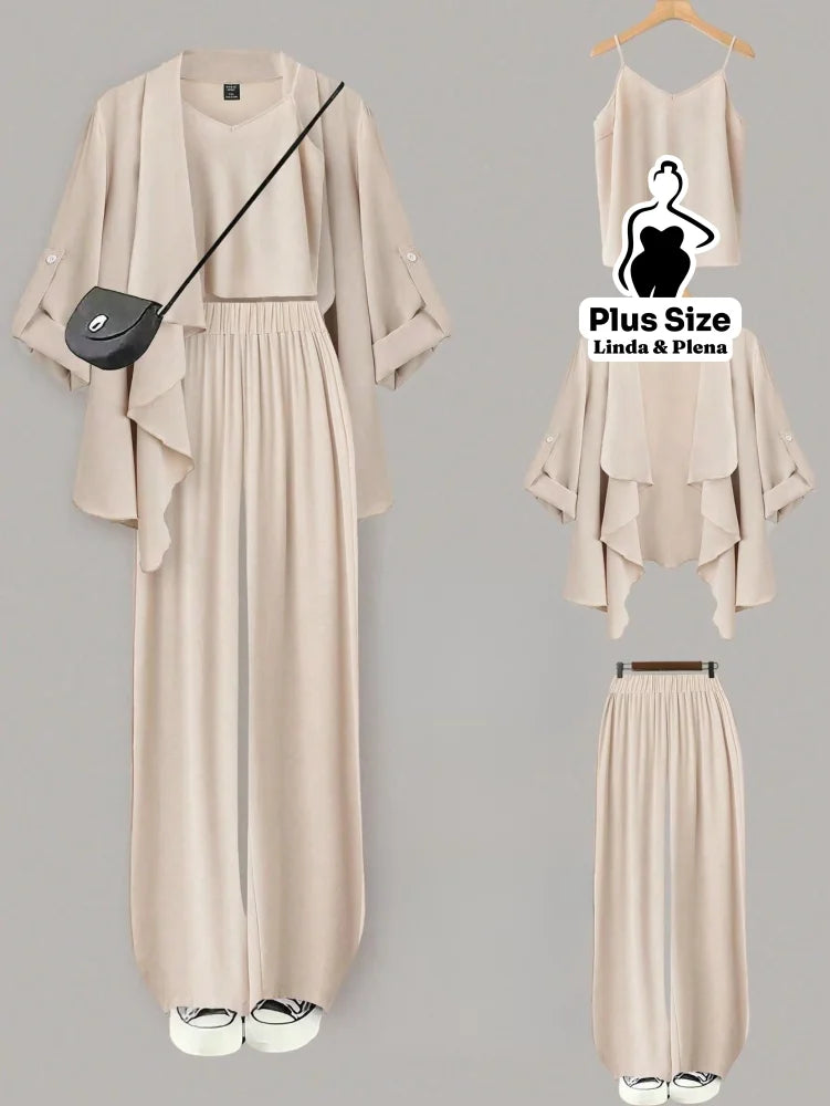 Conjunto Com Kimono Elegante E Calça Pantalona Plus Size Damasco / G Conjunto Com Kimono Elegante E Calça Pantalona