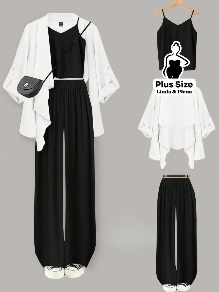 Conjunto Com Kimono Elegante E Calça Pantalona Plus Size Preto e Branco / G Conjunto Com Kimono Elegante E Calça