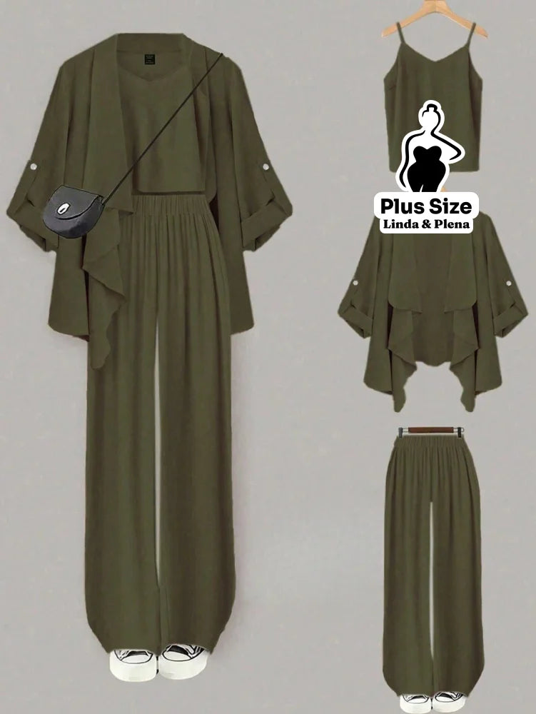 Conjunto Com Kimono Elegante E Calça Pantalona Plus Size Verde Militar / G Conjunto Com Kimono Elegante E Calça
