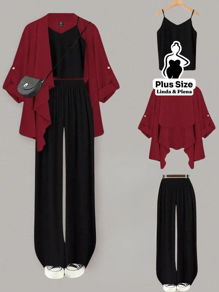 Conjunto Com Kimono Elegante E Calça Pantalona Plus Size Vermelho / G Conjunto Com Kimono Elegante E Calça Pantalona