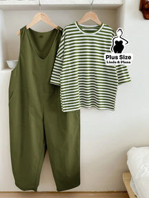 Conjunto com Macacão Preto e Blusa Listrada Plus Size Verde Militar / G Conjunto com Macacão Preto e Blusa Listrada