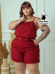 Conjunto com Regata de Alça Fina e Shorts com Cinto Plus Size Vinho / G Conjunto com Regata de Alça Fina e Shorts com