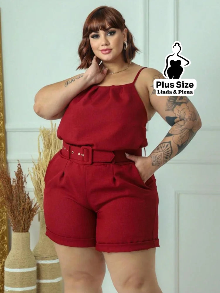 Conjunto com Regata de Alça Fina e Shorts com Cinto Plus Size Vinho / G Conjunto com Regata de Alça Fina e Shorts com