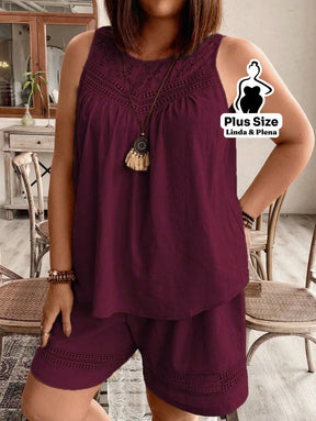 Conjunto com Regata Rendada e Shorts Solto Plus Size Conjunto com Regata Rendada e Shorts Solto Plus Size