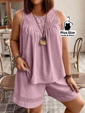 Conjunto com Regata Rendada e Shorts Solto Plus Size Conjunto com Regata Rendada e Shorts Solto Plus Size