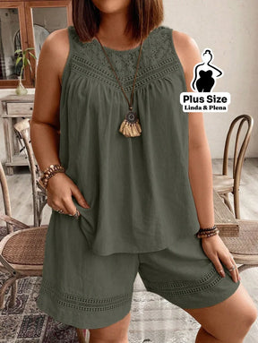 Conjunto com Regata Rendada e Shorts Solto Plus Size Conjunto com Regata Rendada e Shorts Solto Plus Size