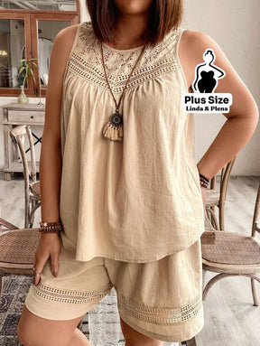 Conjunto com Regata Rendada e Shorts Solto Plus Size Conjunto com Regata Rendada e Shorts Solto Plus Size