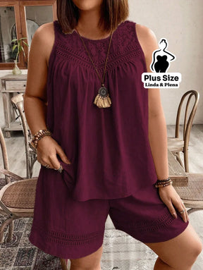 Conjunto com Regata Rendada e Shorts Solto Plus Size Conjunto com Regata Rendada e Shorts Solto Plus Size