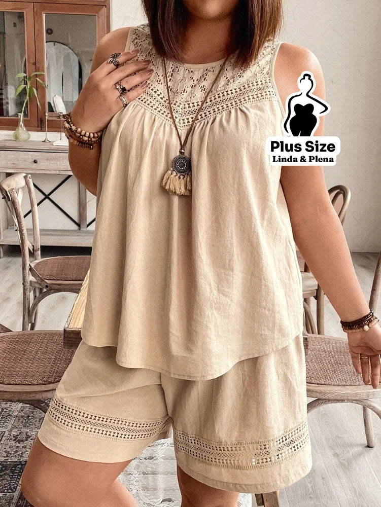 Conjunto com Regata Rendada e Shorts Solto Plus Size Caqui / G Conjunto com Regata Rendada e Shorts Solto Plus Size