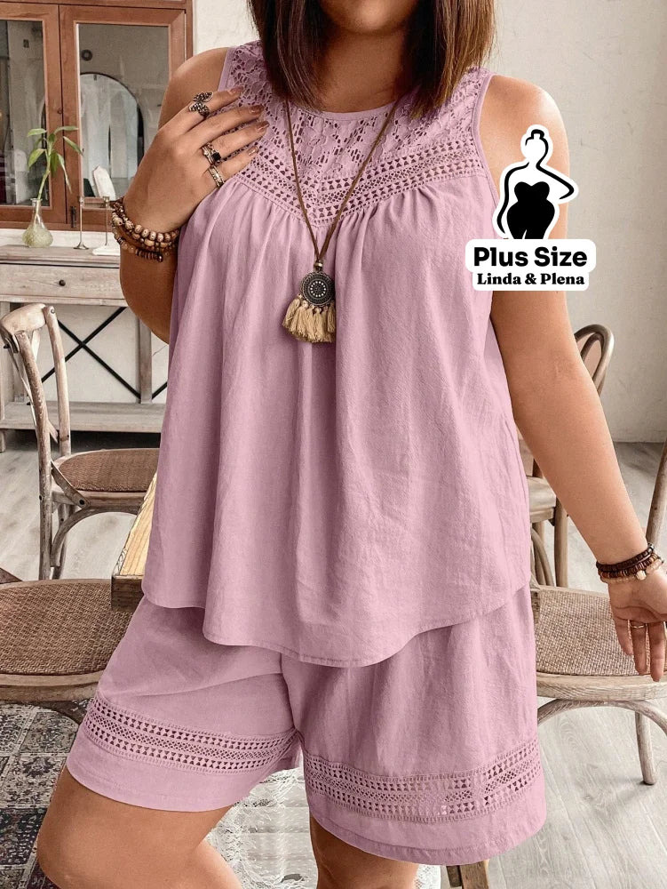 Conjunto com Regata Rendada e Shorts Solto Plus Size Rosa Chiclete / G Conjunto com Regata Rendada e Shorts Solto Plus