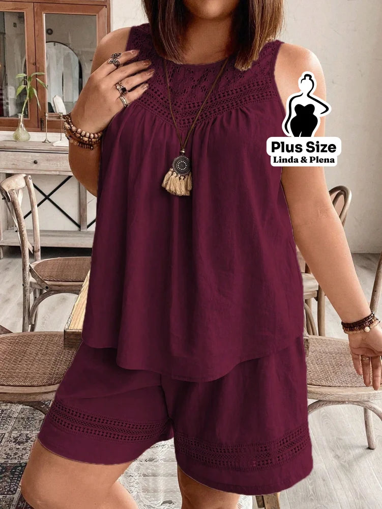 Conjunto com Regata Rendada e Shorts Solto Plus Size Vinho / G Conjunto com Regata Rendada e Shorts Solto Plus Size
