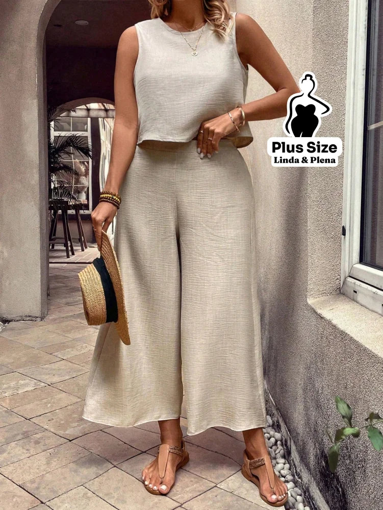 Conjunto Com Regata Solta E Calça Pantalona Plus Size Damasco / G Conjunto Com Regata Solta E Calça Pantalona Plus Size