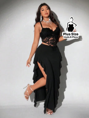 Conjunto Corselet Renda Com Saia Assimétrica Fenda Plus Size Conjunto Corselet Renda Com Saia Assimétrica Fenda Plus