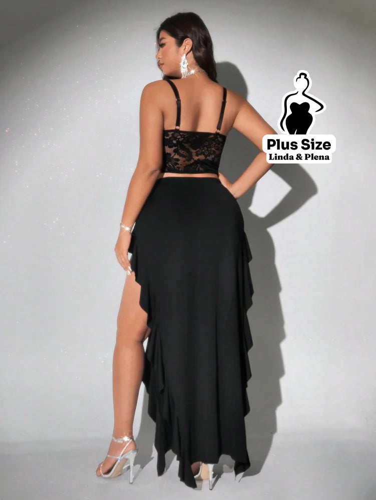 Conjunto Corselet Renda Com Saia Assimétrica Fenda Plus Size Conjunto Corselet Renda Com Saia Assimétrica Fenda Plus