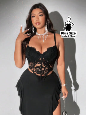 Conjunto Corselet Renda Com Saia Assimétrica Fenda Plus Size Conjunto Corselet Renda Com Saia Assimétrica Fenda Plus