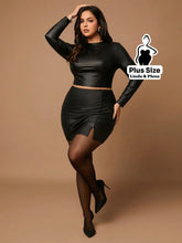 Conjunto Couro Fake Com Cropped E Saia Justa Plus Size Preto / G Conjunto Couro Fake Com Cropped E Saia Justa Plus Size