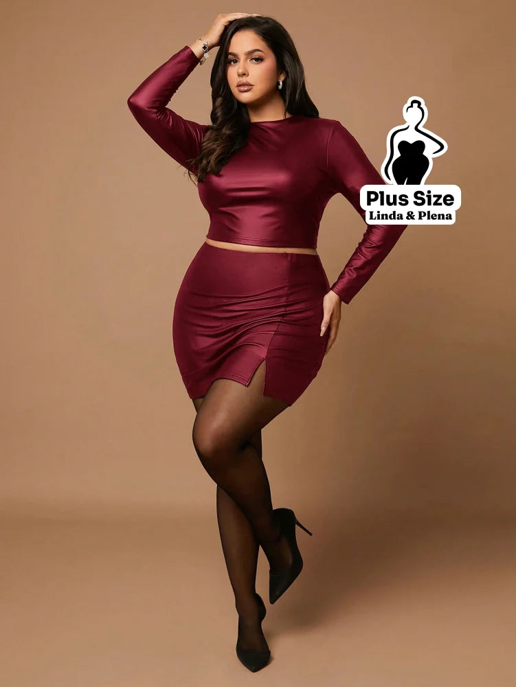 Conjunto Couro Fake Com Cropped E Saia Justa Plus Size Vinho / G Conjunto Couro Fake Com Cropped E Saia Justa Plus Size