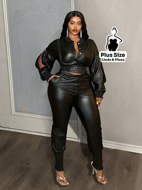 Conjunto Couro Fake Com Jaqueta Cropped E Calça Jogger Plus Size G Conjunto Couro Fake Com Jaqueta Cropped E Calça