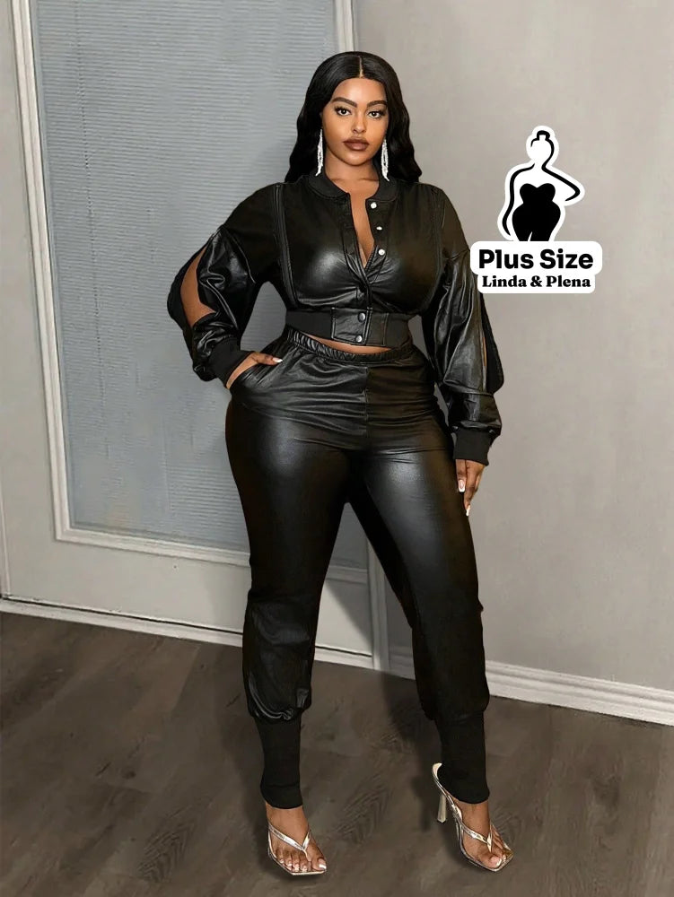 Conjunto Couro Fake Com Jaqueta Cropped E Calça Jogger Plus Size G Conjunto Couro Fake Com Jaqueta Cropped E Calça