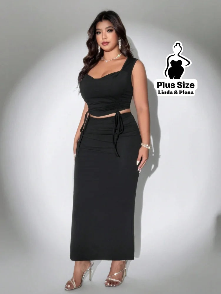 Conjunto Cropped Ajustável Com Saia Lápis Plus Size Conjunto Cropped Ajustável Com Saia Lápis Plus Size
