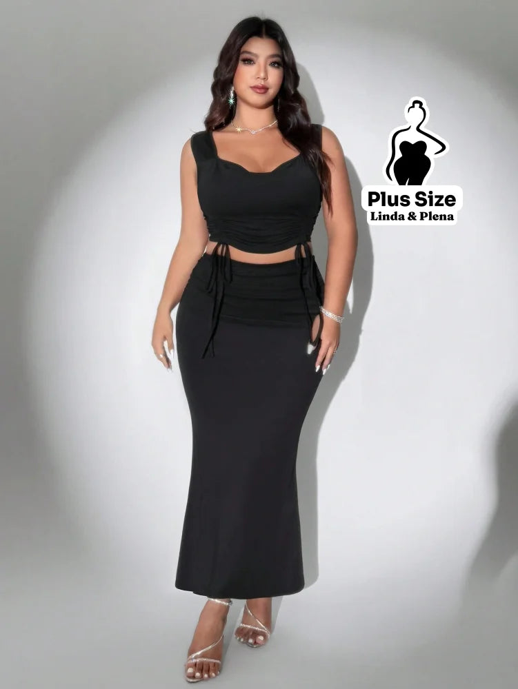 Conjunto Cropped Ajustável Com Saia Lápis Plus Size Conjunto Cropped Ajustável Com Saia Lápis Plus Size
