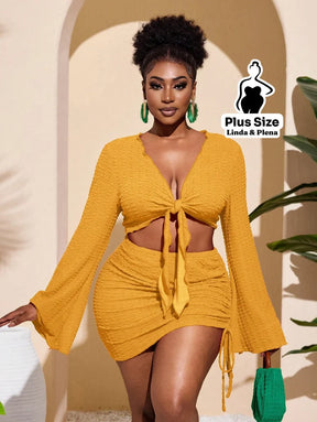 Conjunto Cropped Amarração Frente Com Saia Curta Plus Size Amarelo / G Conjunto Cropped Amarração Com Saia Longa Plus