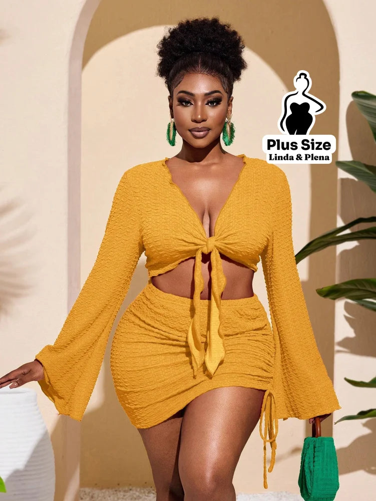 Conjunto Cropped Amarração Frente Com Saia Curta Plus Size Amarelo / G Conjunto Cropped Amarração Com Saia Longa Plus