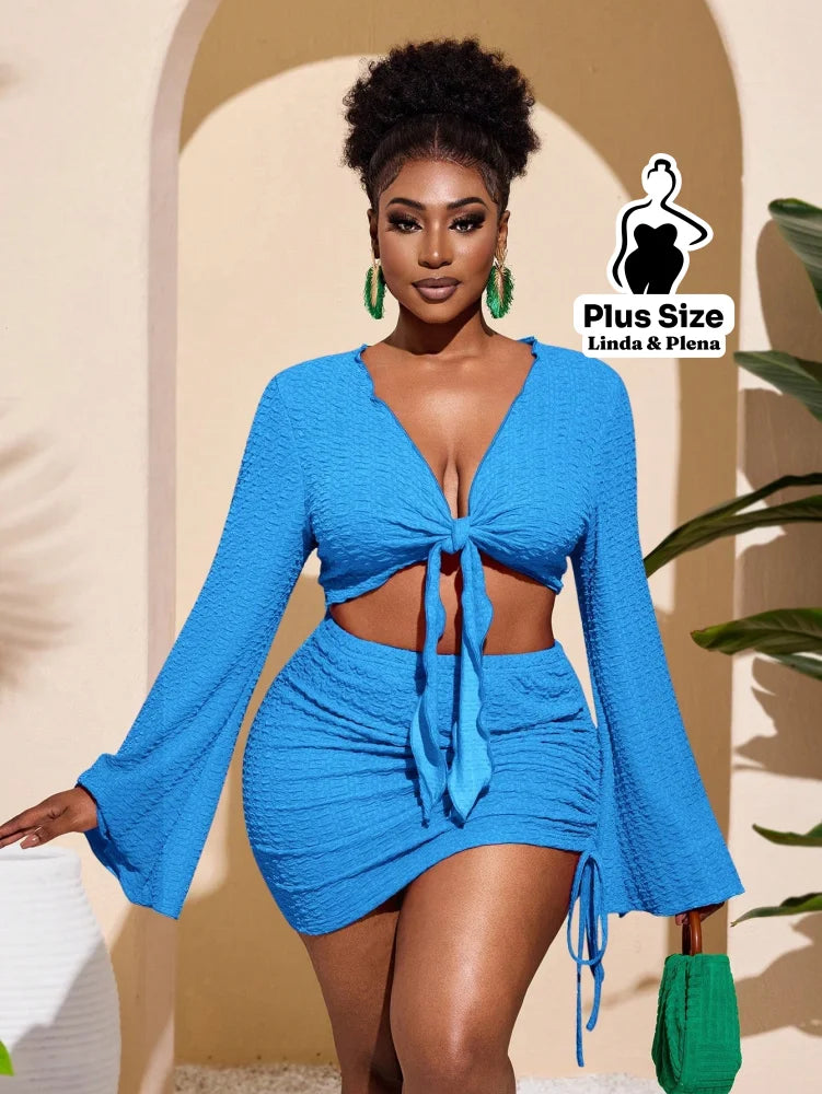 Conjunto Cropped Amarração Frente Com Saia Curta Plus Size Azul / G Conjunto Cropped Amarração Com Saia Longa Plus Size