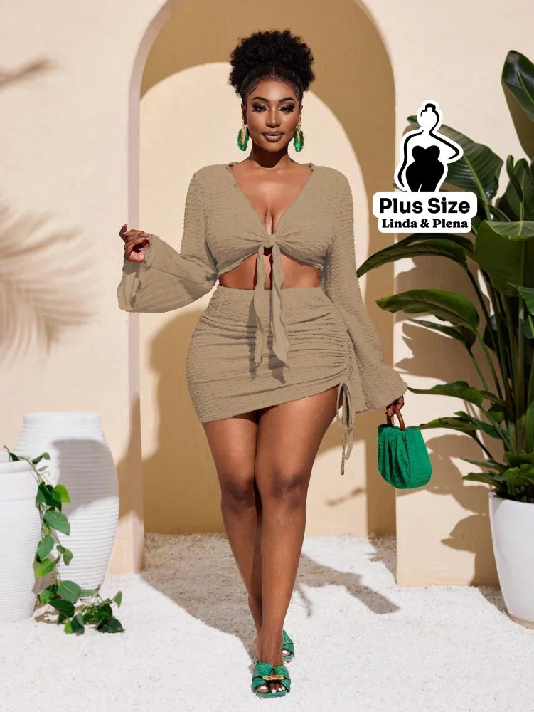 Conjunto Cropped Amarração Frente Com Saia Curta Plus Size Damasco / G Conjunto Cropped Amarração Com Saia Longa Plus