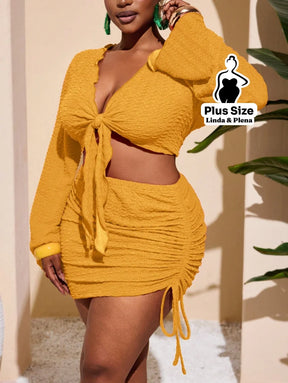 Conjunto Cropped Amarração Frente Com Saia Curta Plus Size Conjunto Cropped Amarração Com Saia Longa Plus Size