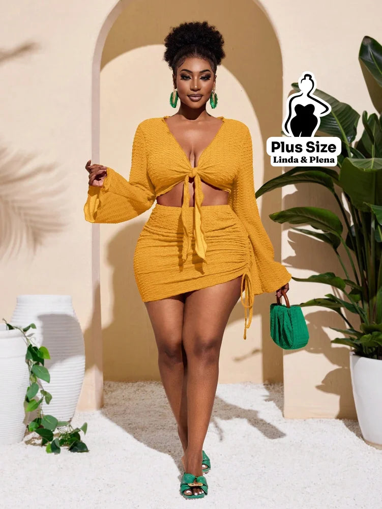 Conjunto Cropped Amarração Frente Com Saia Curta Plus Size Conjunto Cropped Amarração Com Saia Longa Plus Size