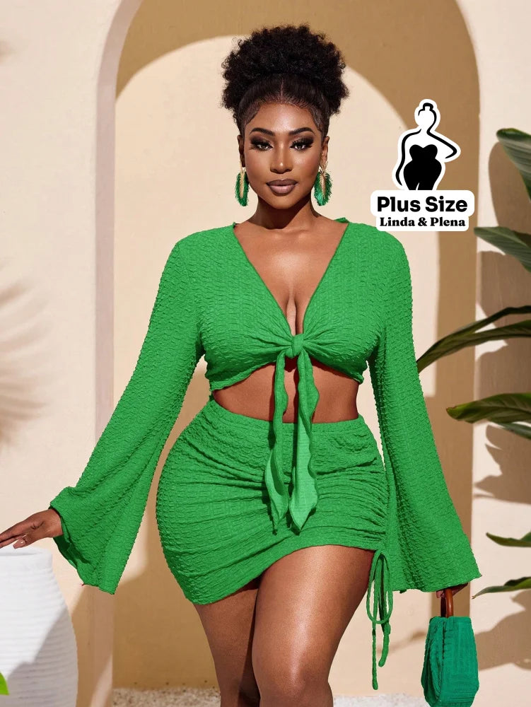 Conjunto Cropped Amarração Frente Com Saia Curta Plus Size Verde / G Conjunto Cropped Amarração Com Saia Longa Plus Size