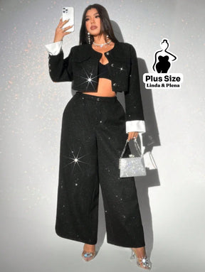 Conjunto Cropped Brilhante Com Botões E Calça Social Plus Size Conjunto Cropped Brilhante Com Botões E Calça Social