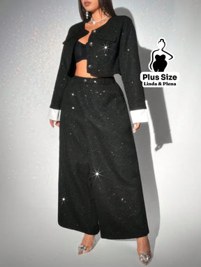 Conjunto Cropped Brilhante Com Botões E Calça Social Plus Size Conjunto Cropped Brilhante Com Botões E Calça Social