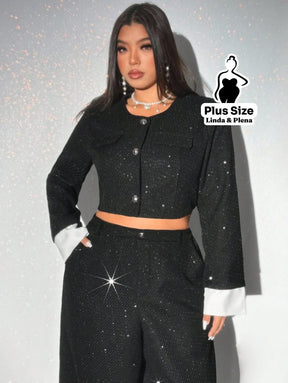 Conjunto Cropped Brilhante Com Botões E Calça Social Plus Size G Conjunto Cropped Brilhante Com Botões E Calça Social