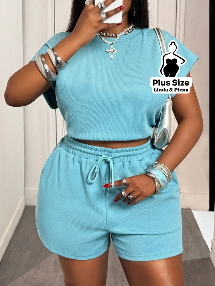 Conjunto Cropped Camuflado Com Shortinho Plus Size Azul / G Conjunto Cropped Camuflado Com Shortinho Plus Size